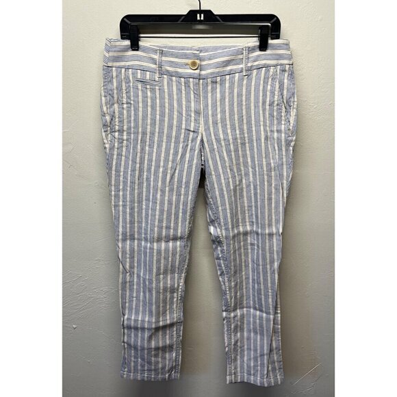 Ann Taylor Loft Marisa Linen Blend Cropped Pants Women 6 Stretch Striped Coastal - Picture 1 of 8